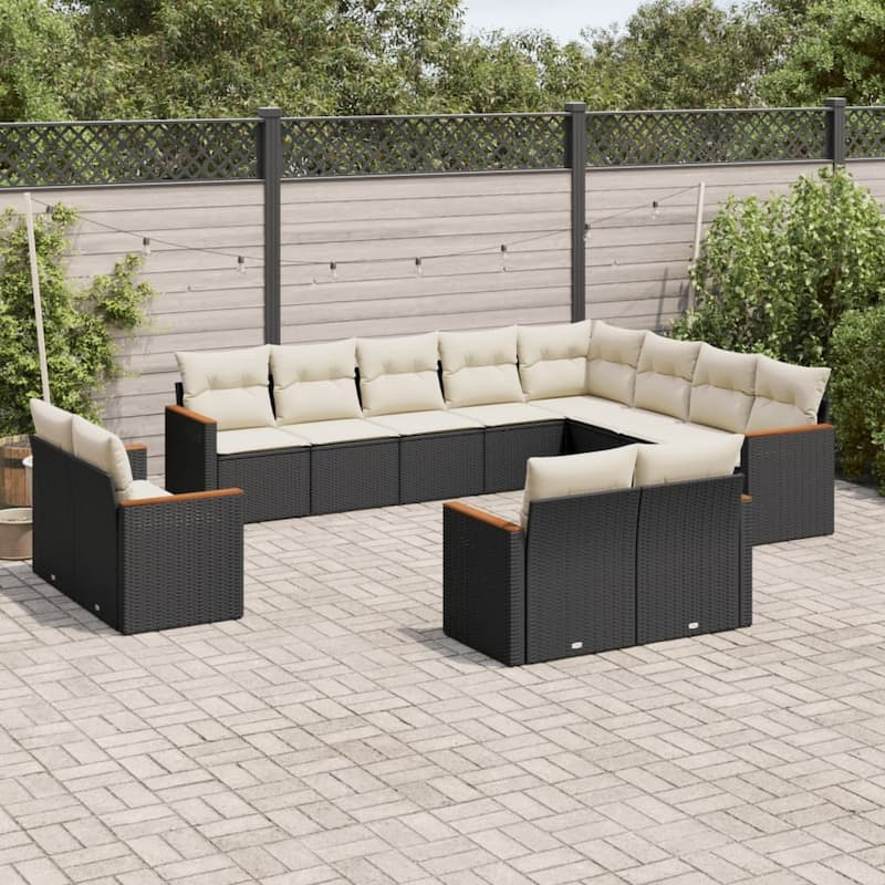 vidaXL Patio Sofa Set with Cushions Outdoor Conversation Furniture Poly Rattan - Black and cream without table - 24.4 x 24.4 x 27.2 in