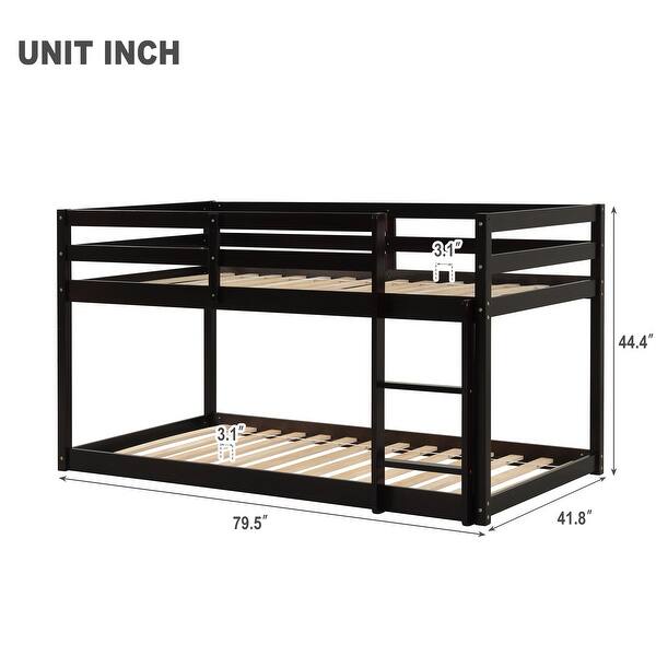 dimension image slide 2 of 4, Twin over Twin Floor Bunk Bed with Ladder & Guardrails, Wood Bedframe