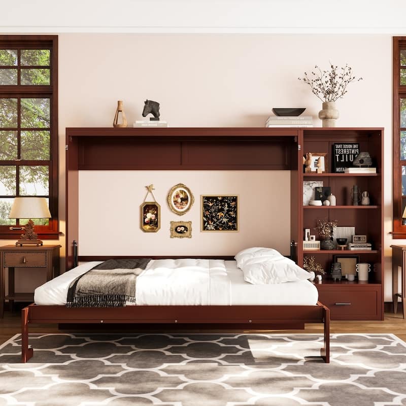 Queen Size Foldable Murphy Bed with Drawer and Adjustable Storage Compartments - Walnut