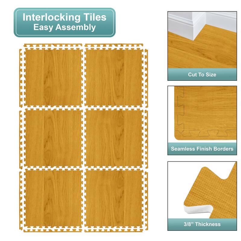 Sorbus 96 Sq. Ft. Wood Grain Floor Tiles Foam Mat EVA Interlocking Mats Tile 3/8-Inch Thick Exercise Mats w/Borders