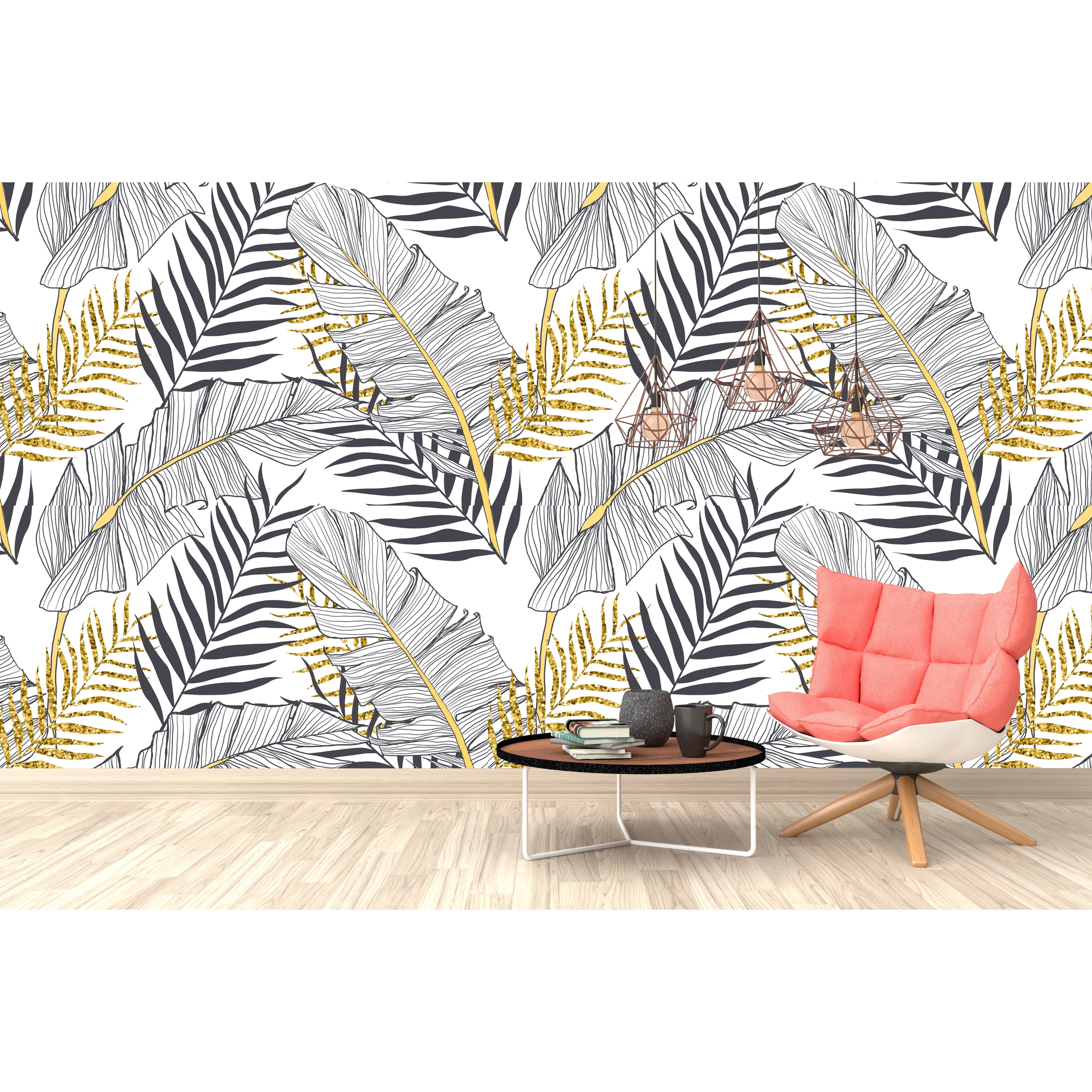 black white gold exotic tropical leaves removable textile wallpaper