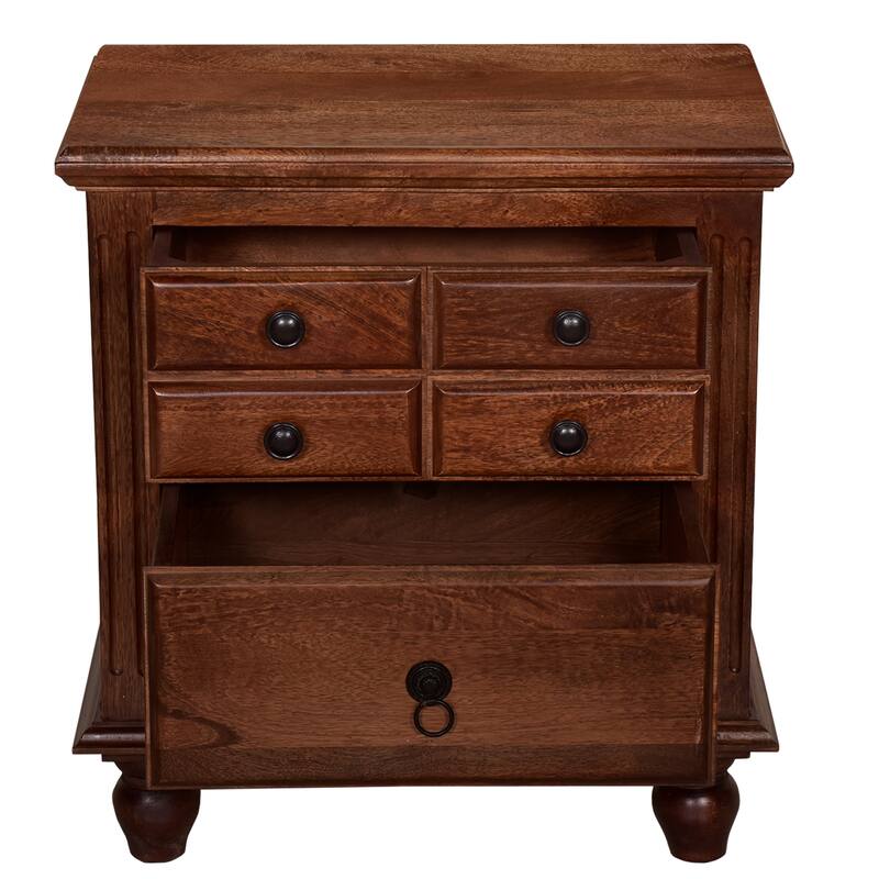 26 Inch Handcrafted Nightstand, 2 Drawers, Black Powder Coated Knobs, Walnut Brown Mango Wood