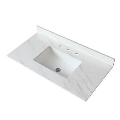 43" Bianco Venato Carrara White Vanity Top with Ceramic Sink, 4" Backsplash, Pre-Drilled Faucet Hole, Sintered Stone Material
