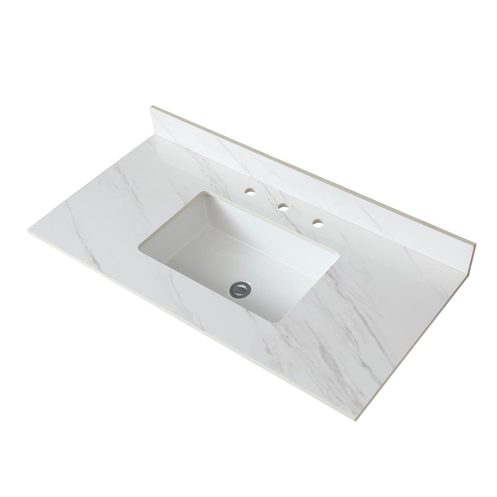43" Bianco Venato Carrara White Vanity Top with Ceramic Sink, 4" Backsplash, Pre-Drilled Faucet Hole, Sintered Stone Material