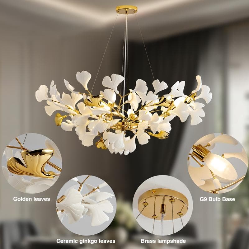 KAYLA Ceramic Ginkgo Leaf 8 -Light L40 Inch Chandelier