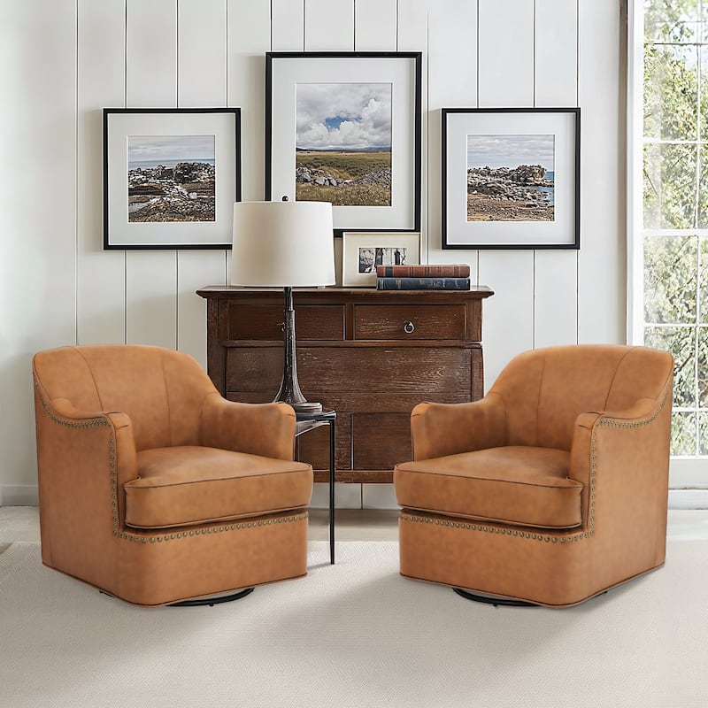 Modern Genuine Leather 360° Swivel Upholstered Accent Barrel Chair with Metal Base for Living Room - Whiskey Brown-Set of 2