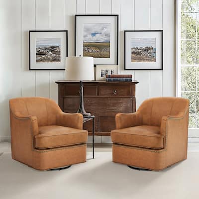 Set of 2 Genuine Leather Swivel Upholstered Accent Barrel Chair with Metal Base for Living Room