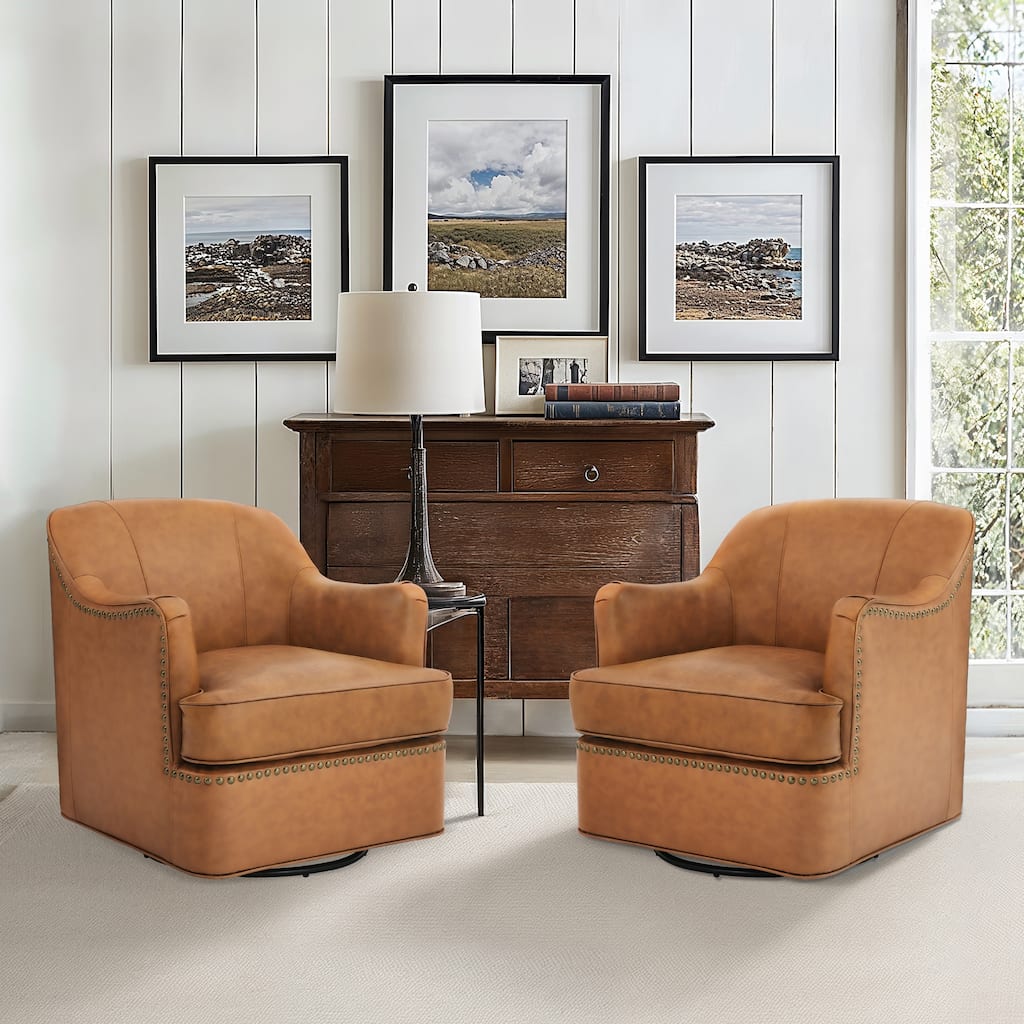 Set of 2 Genuine Leather Swivel Upholstered Accent Barrel Chair with Metal Base for Living Room