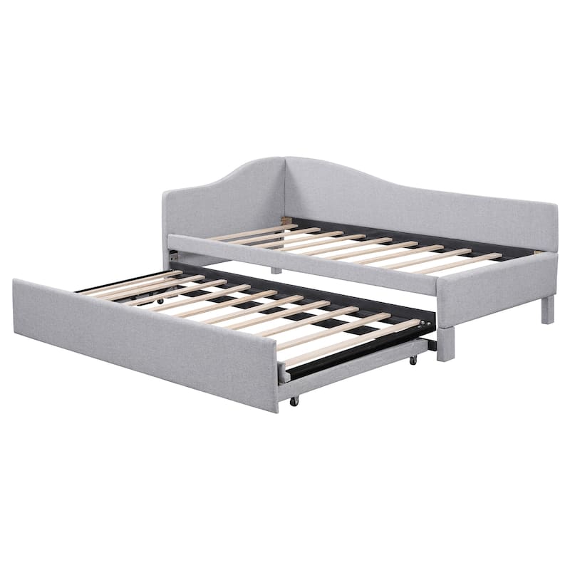 L-Shaped Daybed Twin To King Upholstered Daybed with Pop Up Trundle Linen & Wood Bed Frame for for Youth Teens or Adults