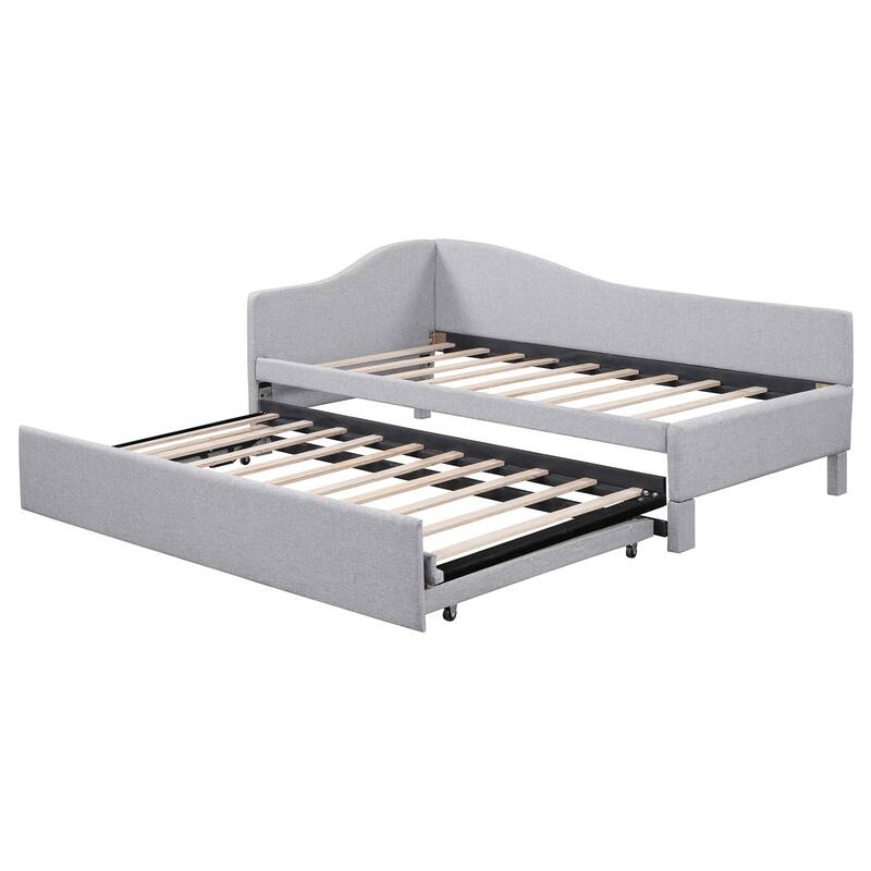 Roomfitters Twin Size Upholstered L-Shaped Daybed with Pop Up Trundle, Space Saving Fabric Sofa Bed Frame with Slats