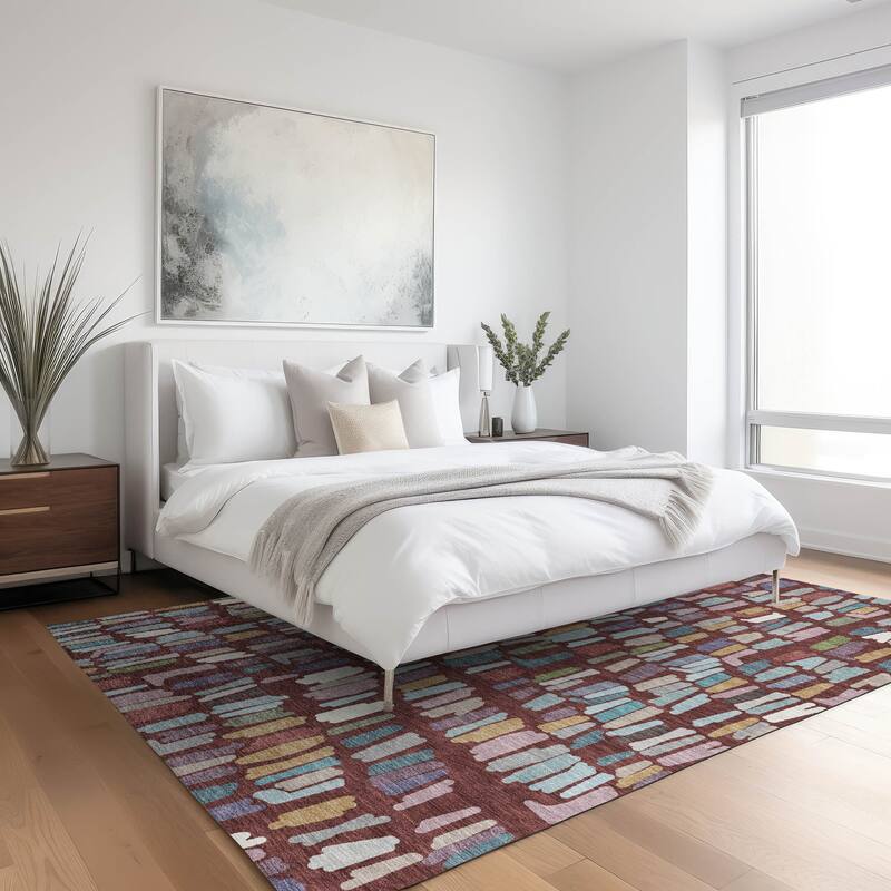 Machine Washable Indoor/ Outdoor Modern Mosaic Chantille Rug