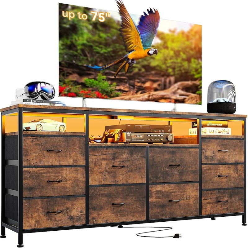 63.3 Inch Black Dresser for Bedroom, 10 Drawer Dresser TV Stand - Brown