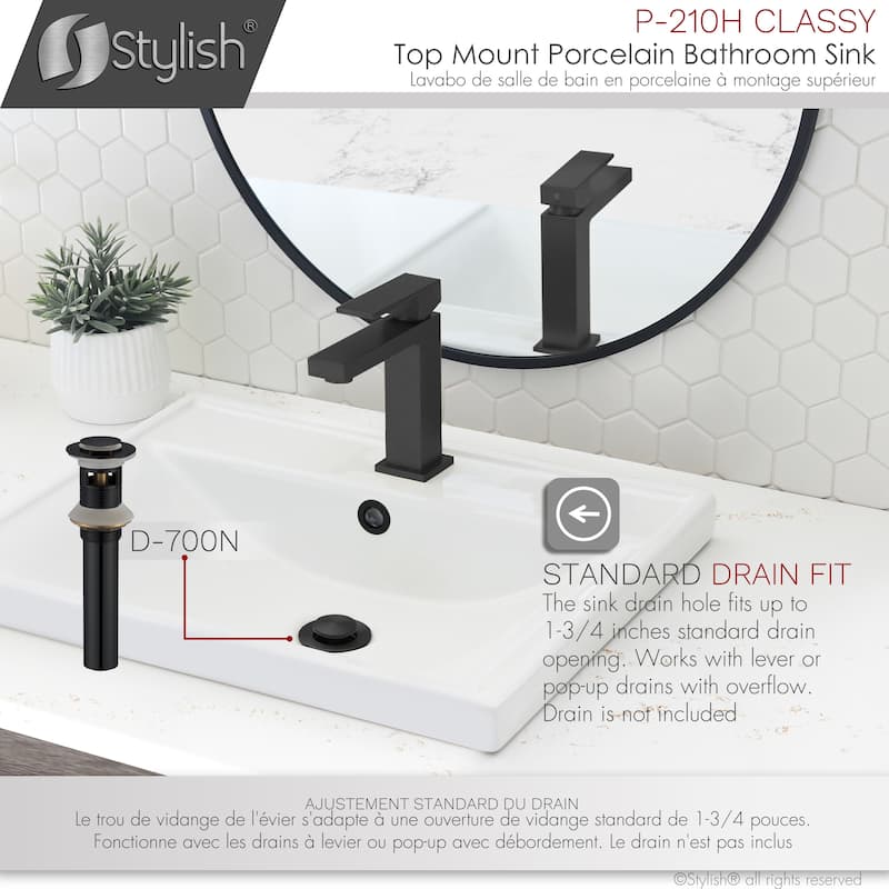STYLISH 20 1/4 inch Rectangular Undermount Porcelain Bathroom Sink with two Overflow Finishes included - 20 1/4" x 16" x 6 1/4"