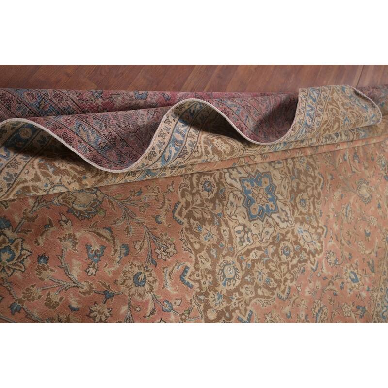 Distressed Mashad Persian Vintage Rug Hand-Knotted Pink Wool Carpet - 9'7"x 12'10"