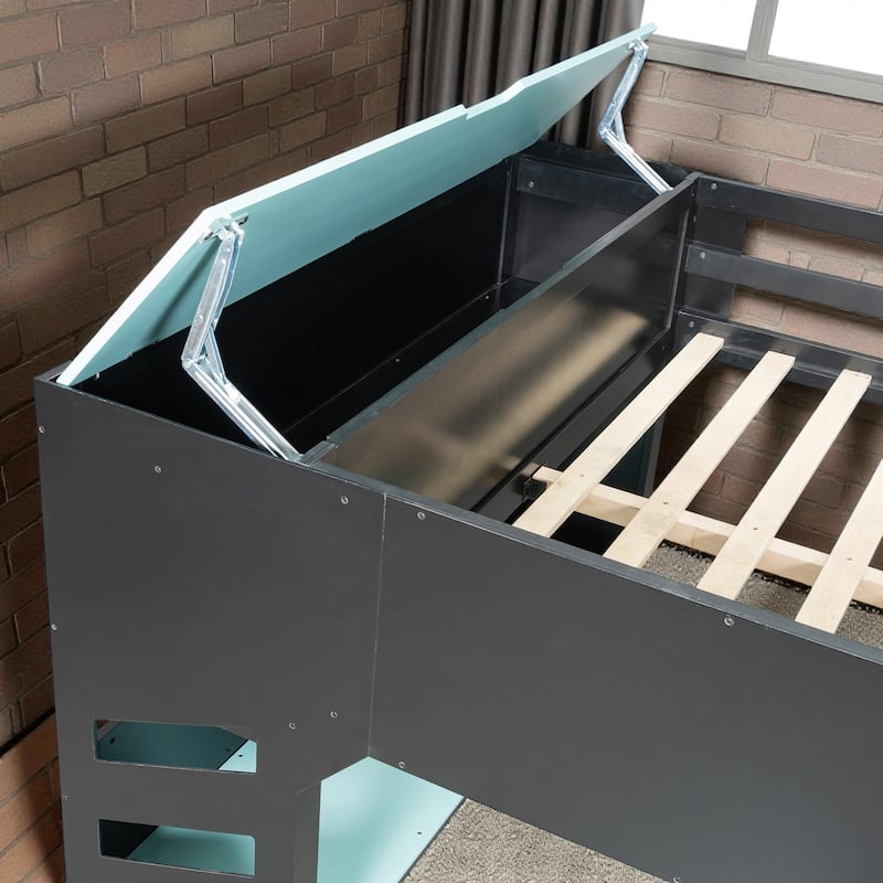 Full Size Wood Loft Bed with Adjustable Desk, Drawers, Storage Shelves, Hanging Rod and RGB LED Lights