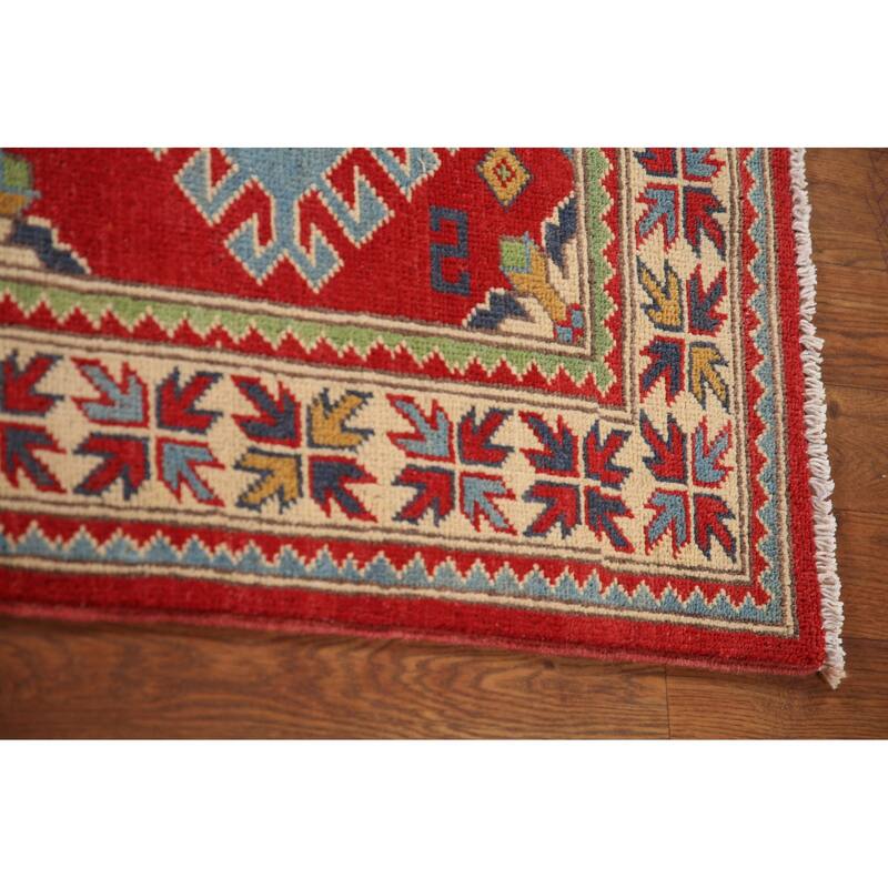 Geometric Red Kazak Oriental Rug Handmade Wool Carpet - 3'3"x 5'1"