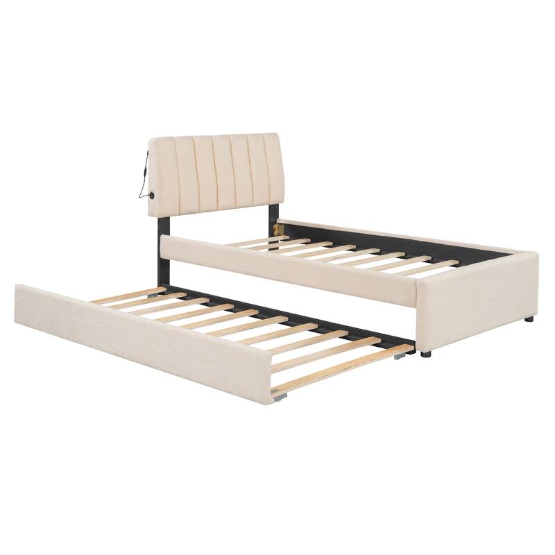 Cozy Twin Upholstered Platform Bed with LED Lights, Stripe Headboard, and Trundle for Extra Sleeping Space