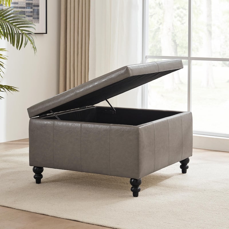 Leather Square Storage Ottoman for Living Room, Brown/ Black 30"W x 30"D x 18.1"H