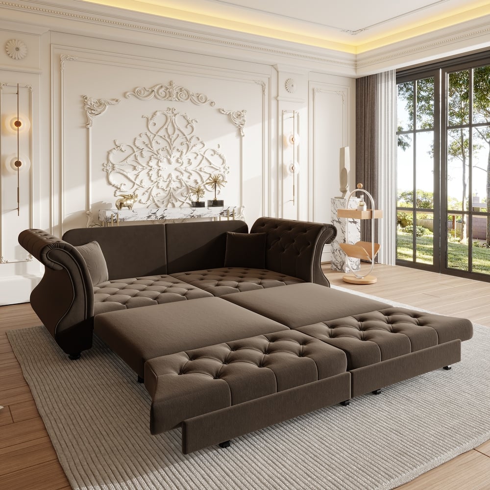 83.8" Chesterfield Velvet Pull-Out Sofa Bed, Classic Roll Arm Sleeper Couch with Elegant Flower Tufting