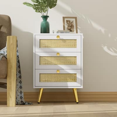 Anmytek 3-Drawer Wooden White Nightstand Mid Century Rattan Side Table End Table