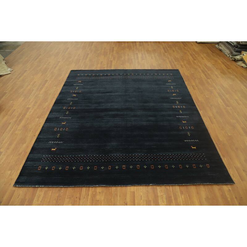 Hand Knotted Oriental 100% Wool Carpet Tribal Animal Pictorial Navy Blue & Blues Gabbeh Area Rug - 9' 8'' X 8' 3''