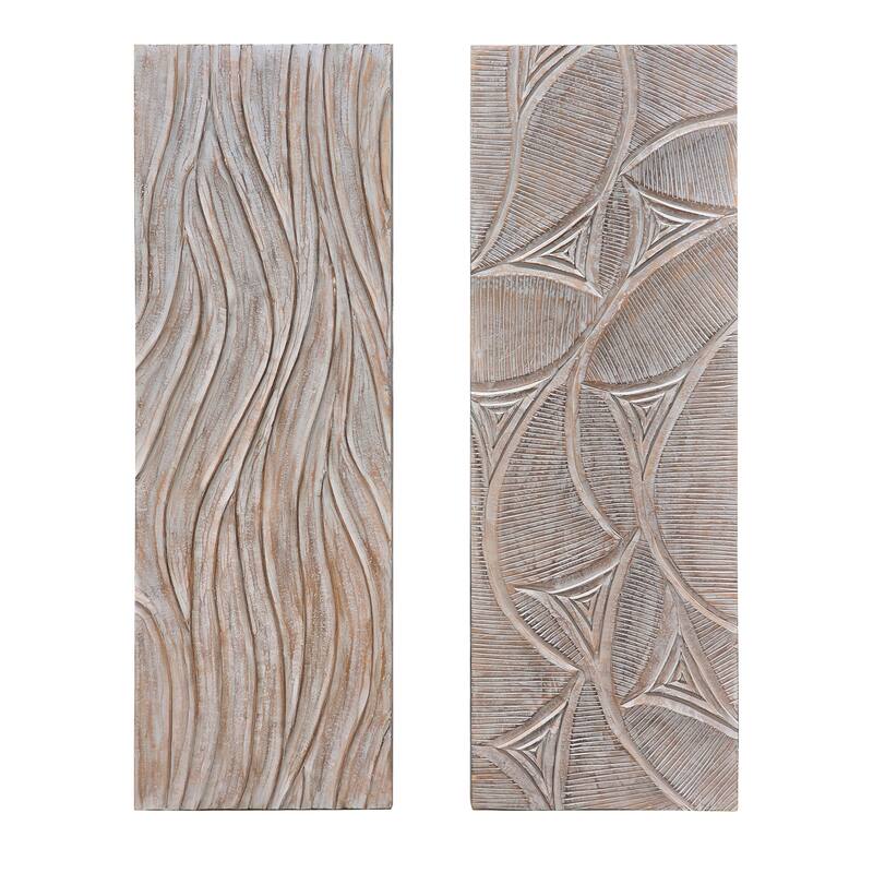 2pc Wood Wall Art Panels | 16x48 Inch Abstract Geometric and Wave Pattern Decor| Distressed Gray