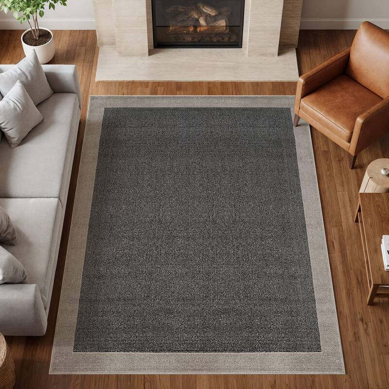 Modern Geometric Stripe Bordered Area Rug for Living Room, Bedroom, or Entryway - Low Pile Indoor Rug