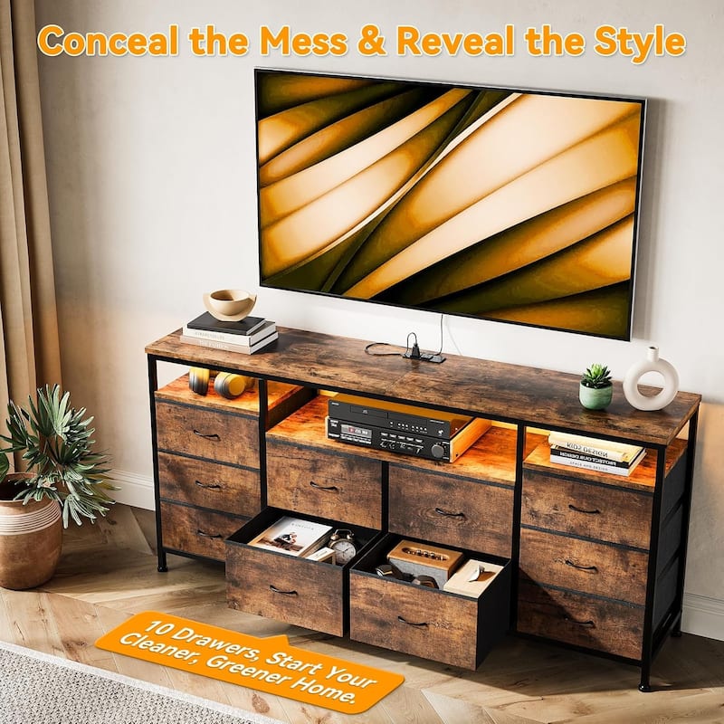 63.3 Inch Black Dresser for Bedroom, 10 Drawer Dresser TV Stand