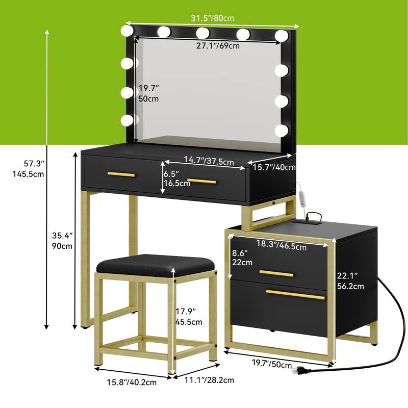 Makeup Vanity With Usb Power Outlet And Adjustable Brightness Light - 57.3'' H X 31.5'' W X 15.7'' D
