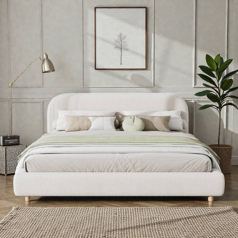 Upholstered Platform Bed with Curved Thick Headboard and Solid Wood Legs, Modern Fabric Bed Frame No Box Spring - White - King