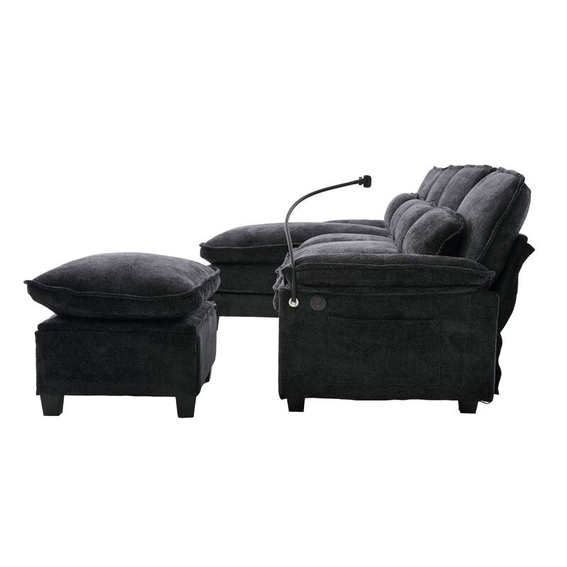 Chenille U-shape Sectional Sofa with Chaise and Storage Ottoman, Modular Couch with USB/Type-C Ports, Side Pockets, Phone Holder