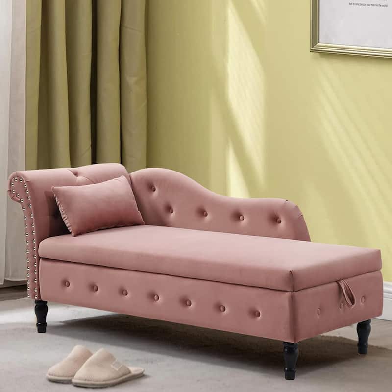60"W Velvet Tufted Chaise Lounge, Storage Chaise Sofa, Solid Wood Leg - 25"D x 60"W x 27"H