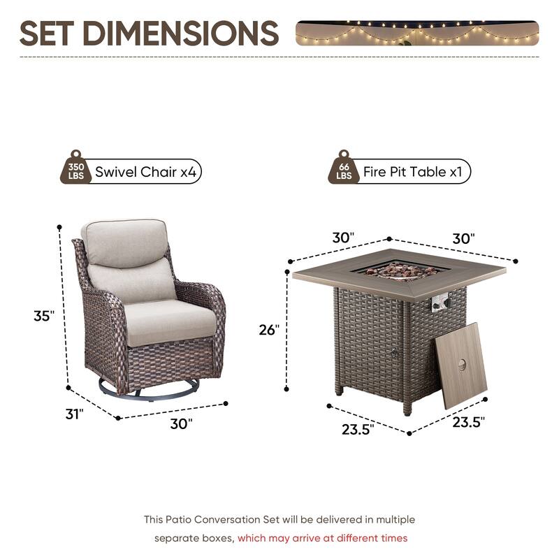 Pocassy Outdoor Propane Fire Pit Table with Sofa Swivel Chair Funiture Set.