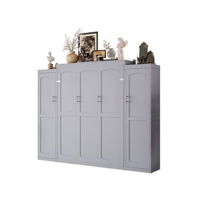 Quality Multifunctional Full Size Murphy Bed, Foldable Wooden Wall Bed w/ 2 Wardrobe & Storage Shelf for Guestroom, Bedroom