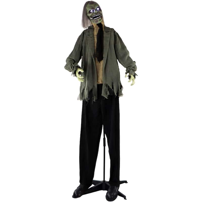 Haunted Hill Farm Life-Size Animatronic Zombie with Lights and Sound, Indoor or Covered Outdoor Halloween Decoration