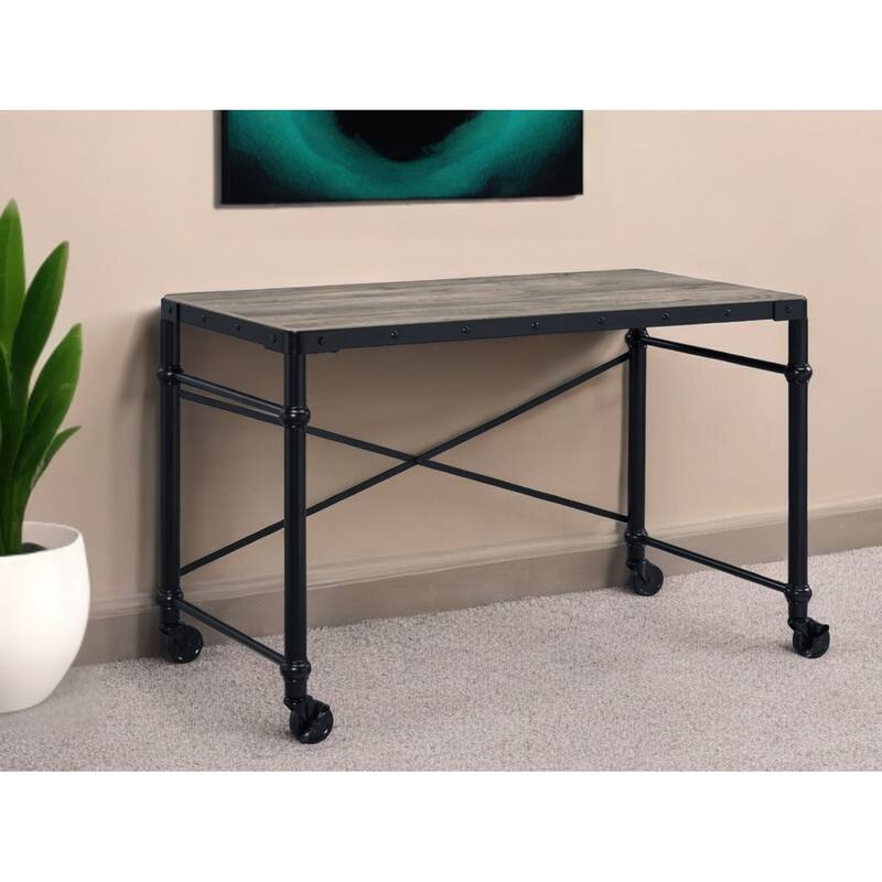 Modern 47" Reversible Writing Desk with Brown Wood Top & Black Metal Frame