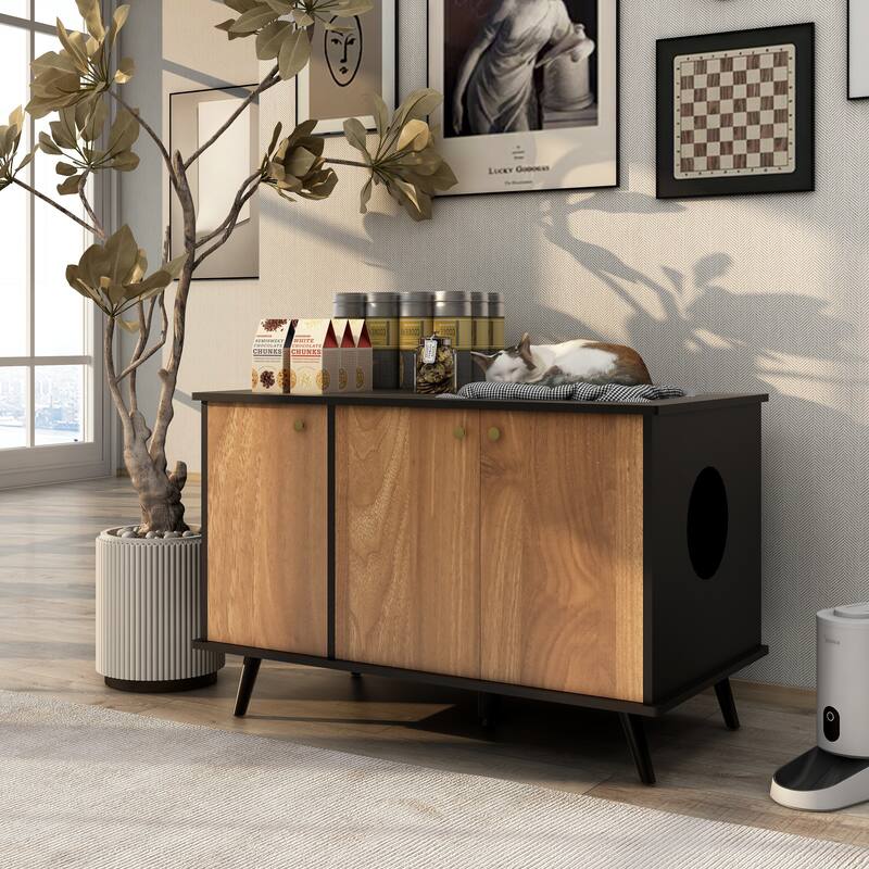 Anmytek Cat Litter Box Furniture with Hidden Plug, 3 Doors,Indoor Cat Washroom Storage Bench Side Table Cat House