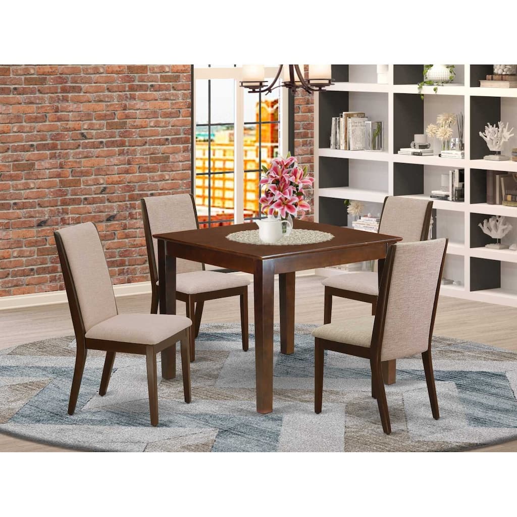 5-Piece Mahogany Finish Solid Wood Top - Upholstered Dining Room Set with High Back - Seats 4