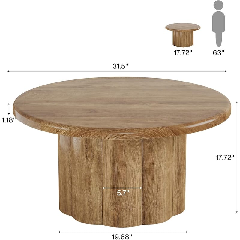 31.5" Round Coffee Table with Fluted Drum Base, Farmhouse Circle Center Cocktail Table for Apartment, Small Space