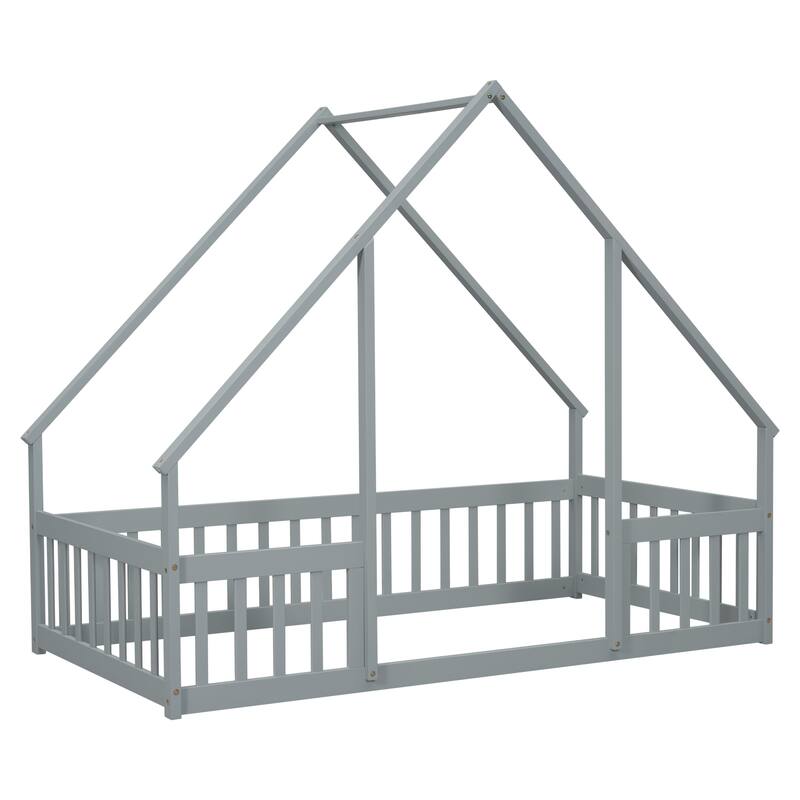 Twin Size Grey Wooden House-Shaped Floor Bed with Safety Fence and Guardrails
