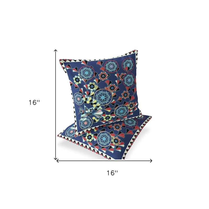 HomeRoots Set of Two 16" X 16" Blue and Off White Peacock Blown Seam Floral Indoor Outdoor Throw Pillow