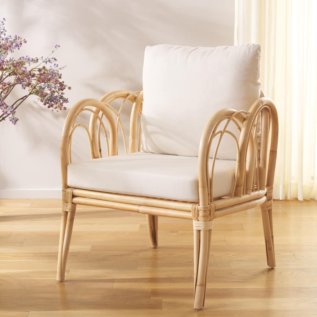 SAFAVIEH Coralie Boho Coastal Solid Wood Accent Chair with Cushion - 28"W x 28"D x 30"H