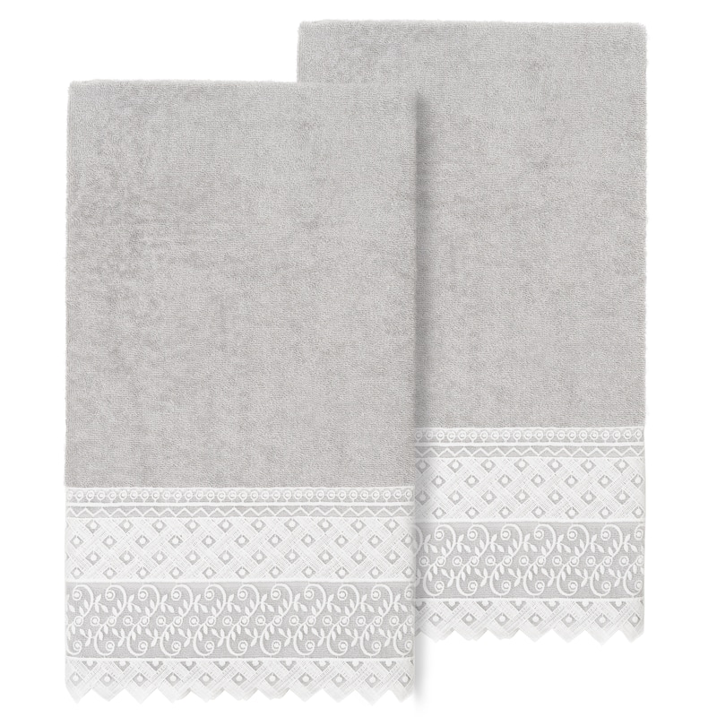 Authentic Hotel and Spa Turkish Cotton Aiden 2PC White Lace Embellished Bath Towel Set - Light Gray