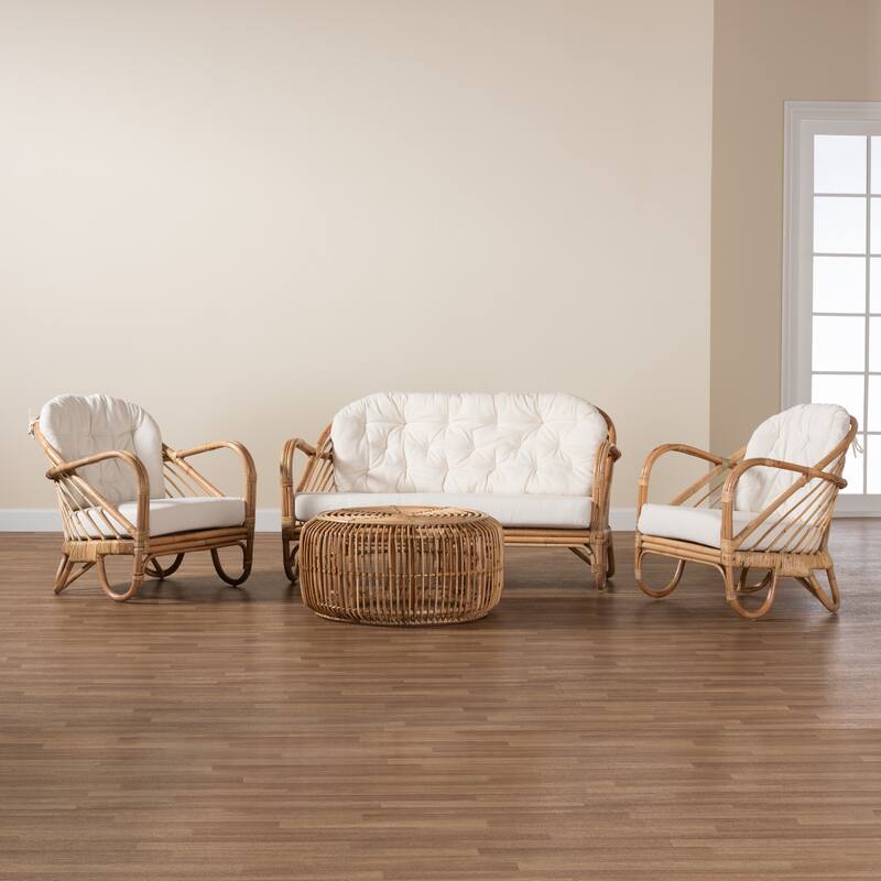 Aliane Modern Bohemian Natural Brown Antique Rattan 4-Piece Living Room Set