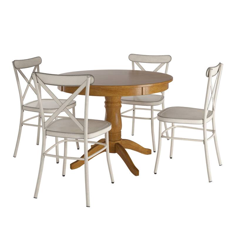 Wilmington II 42" 5-Piece Metal Chair Dining Set by iNSPIRE Q Classic - Oak Table - Antique White Chairs