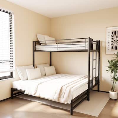 Twin over Twin Metal Pull-Out Bunk Bed with Guardrail, Built-In Ladder and Convertible Frame