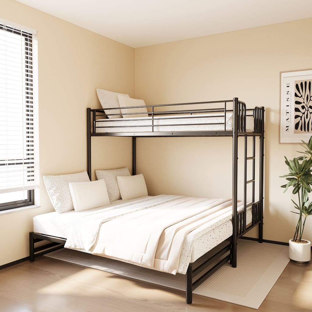 Twin over Twin Metal Pull-Out Bunk Bed with Guardrail, Built-In Ladder and Convertible Frame