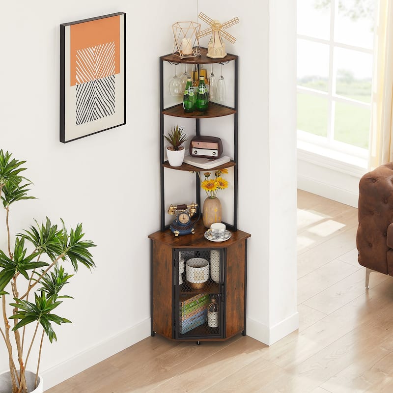 Javlergo 5-tier Wood Bookshelf Bookcase Display Corner Shelf with Storage and Glass Holder 63" Wine Bar