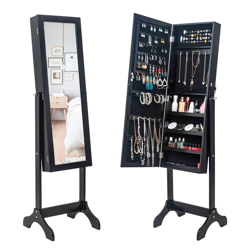 Wooden Floor Standing 4-Layer Shelf Jewelry Storage Adjustable Mirror Cabinet - Black