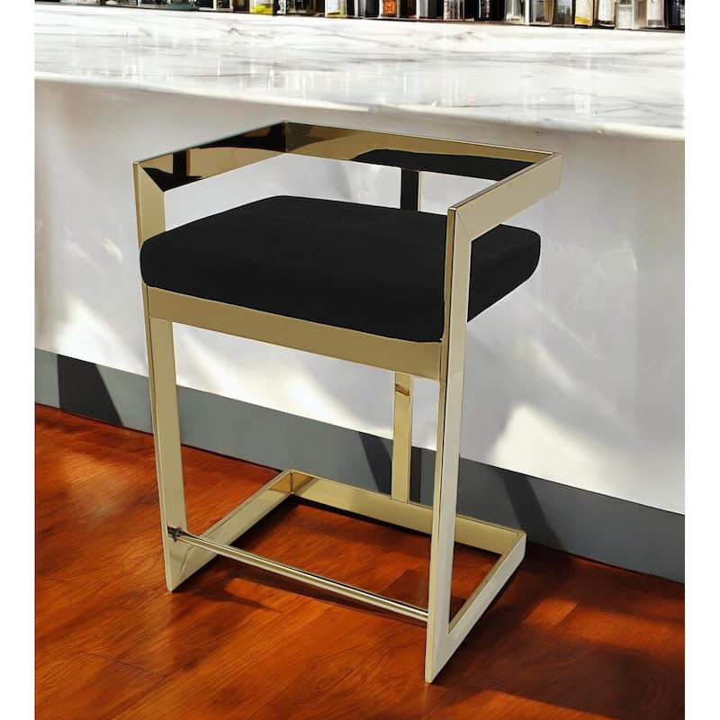30" Black And Gold Velvet And Stainless Steel Low Back Bar Height Bar Chair - Black